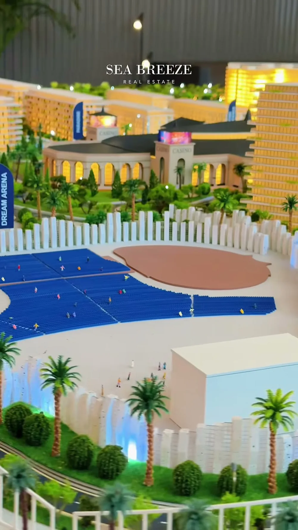 Флажок DREAM ARENA у синего поля с фонтанами