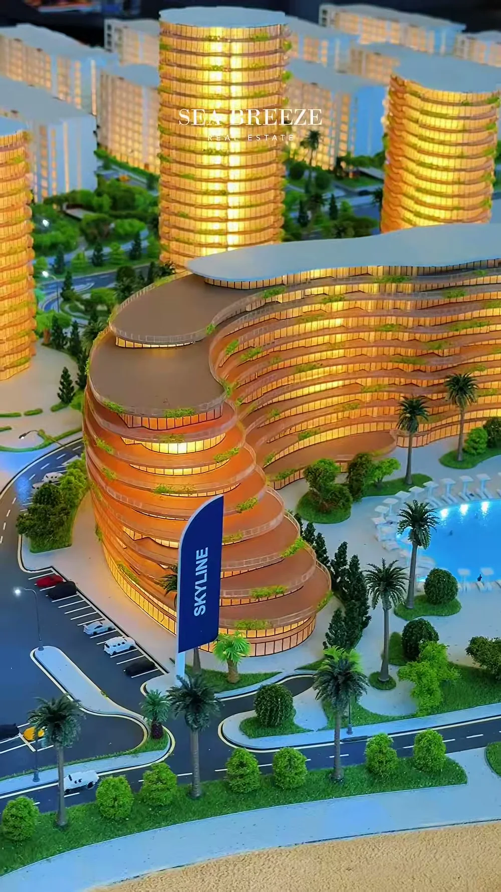 Башни и террасный корпус SKYLINE — окна макета светятся изнутри